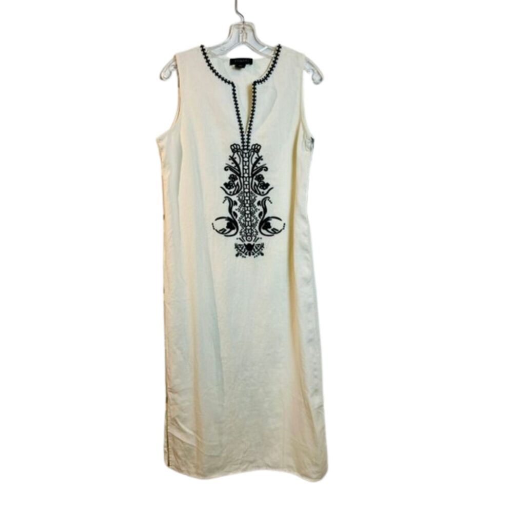 Tahari Linen Blend Embroidered Maxi Dress Ivory Black Sleeveless Size Small NWT